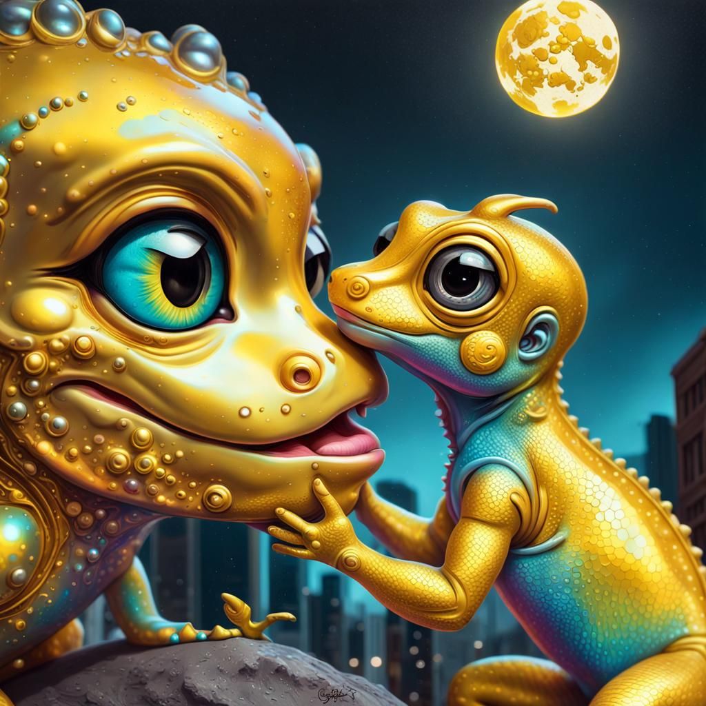 A shimmery iridescent pearlescent gecko kissing a chibi golden yellow ...