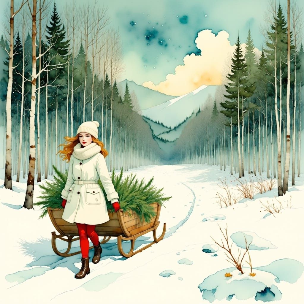 <lora:Dreamy watercolor:1.0> A girl in a warm fur coat and a fur hat is carrying a sled, to the forest for a Christmas tree,high details,mas...