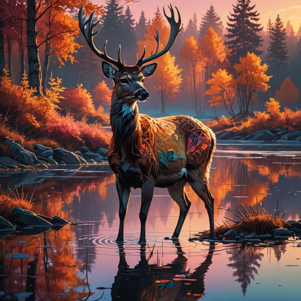 A deer without fear stands calmly in a lake