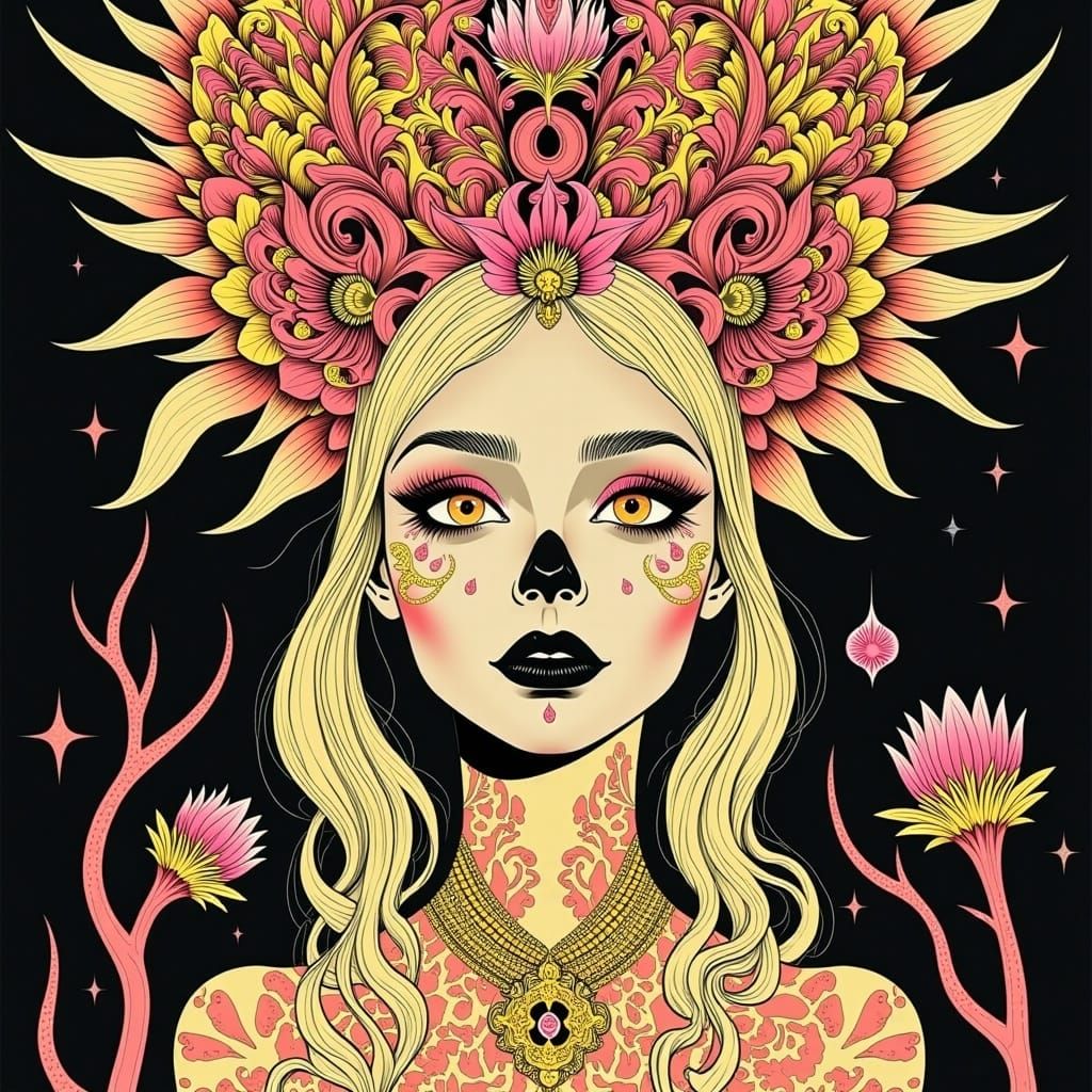 <lora:DoomFunk:1.0> comic illustration, blonde woman shiny real weird surreal, flat color, low contrast, decoupage, monster flower woman por...