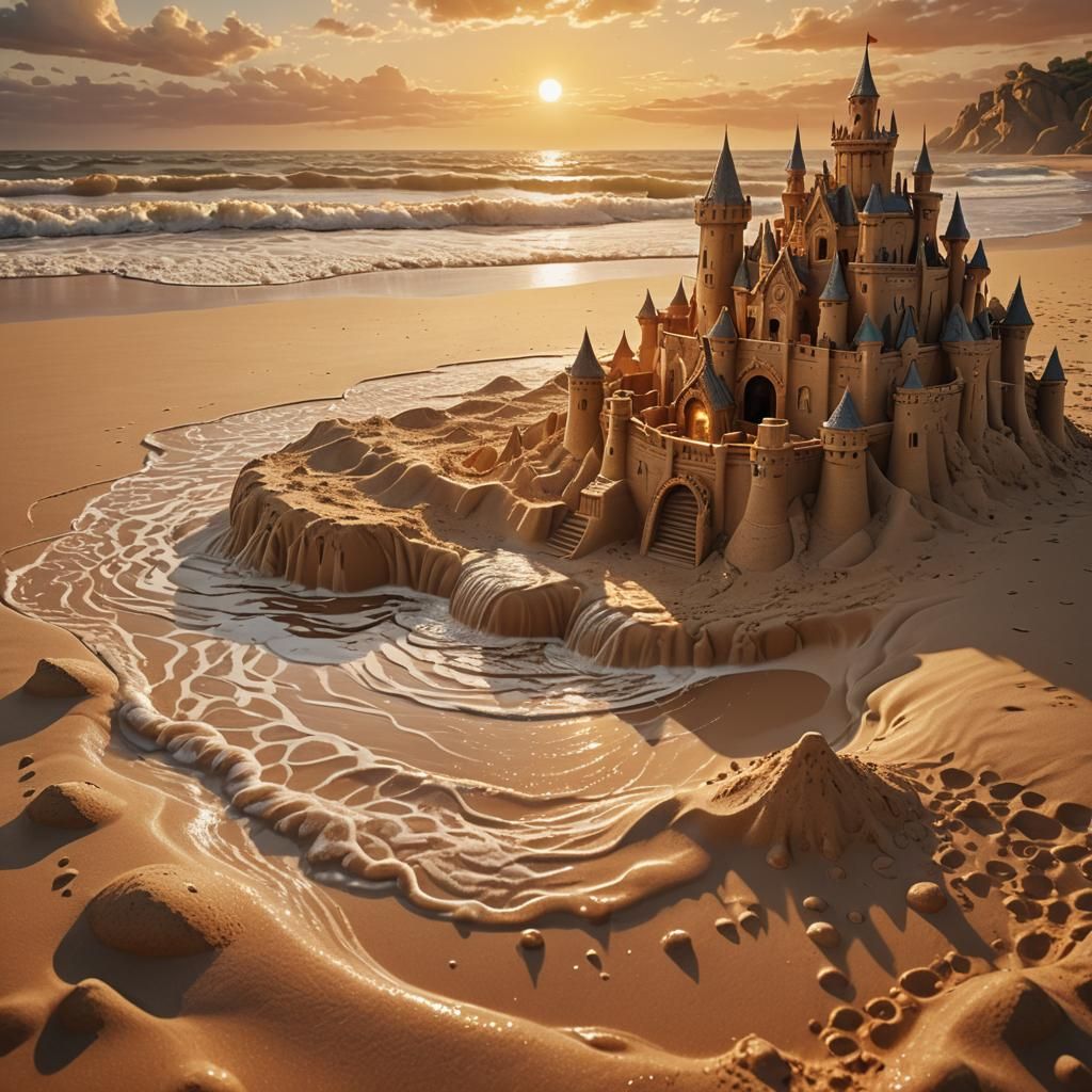 Water Pours Over Sandcastle at Sunset