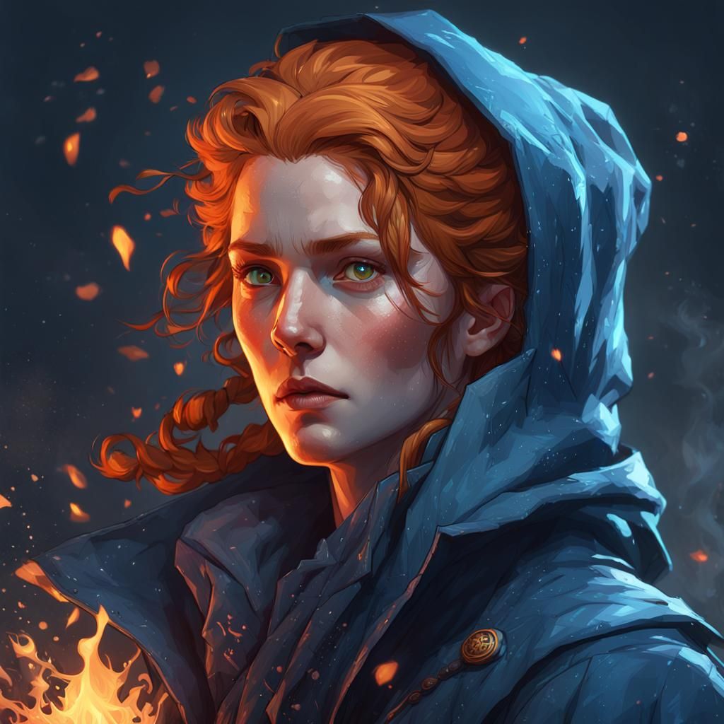 Ginger pyromancer in blue coat