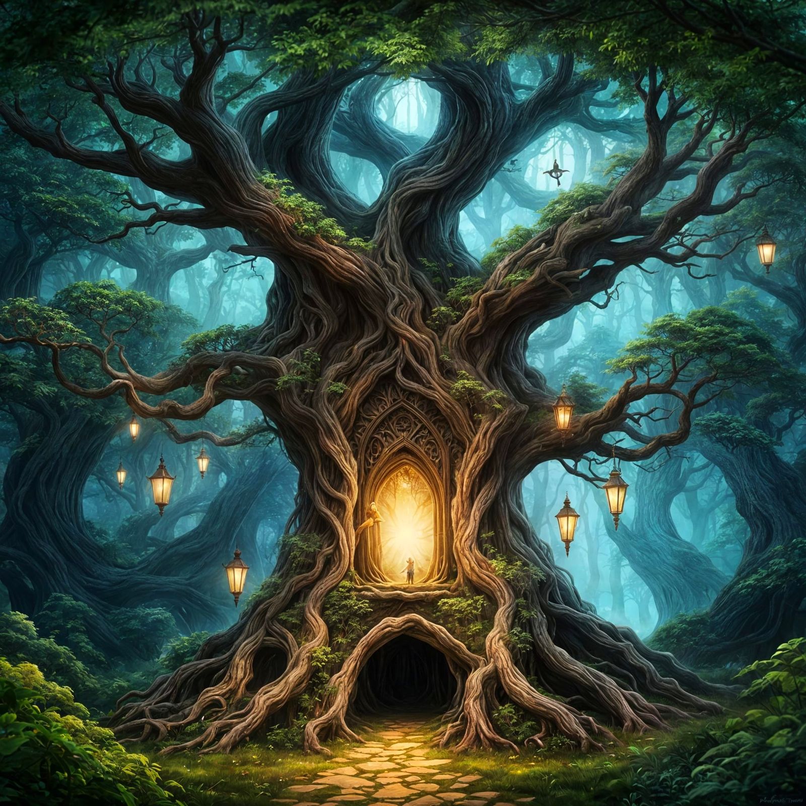 a huge ancient magical elven tree with dark wood and a large opening in the trunk, you can see the beautiful ...  by @Dantonio