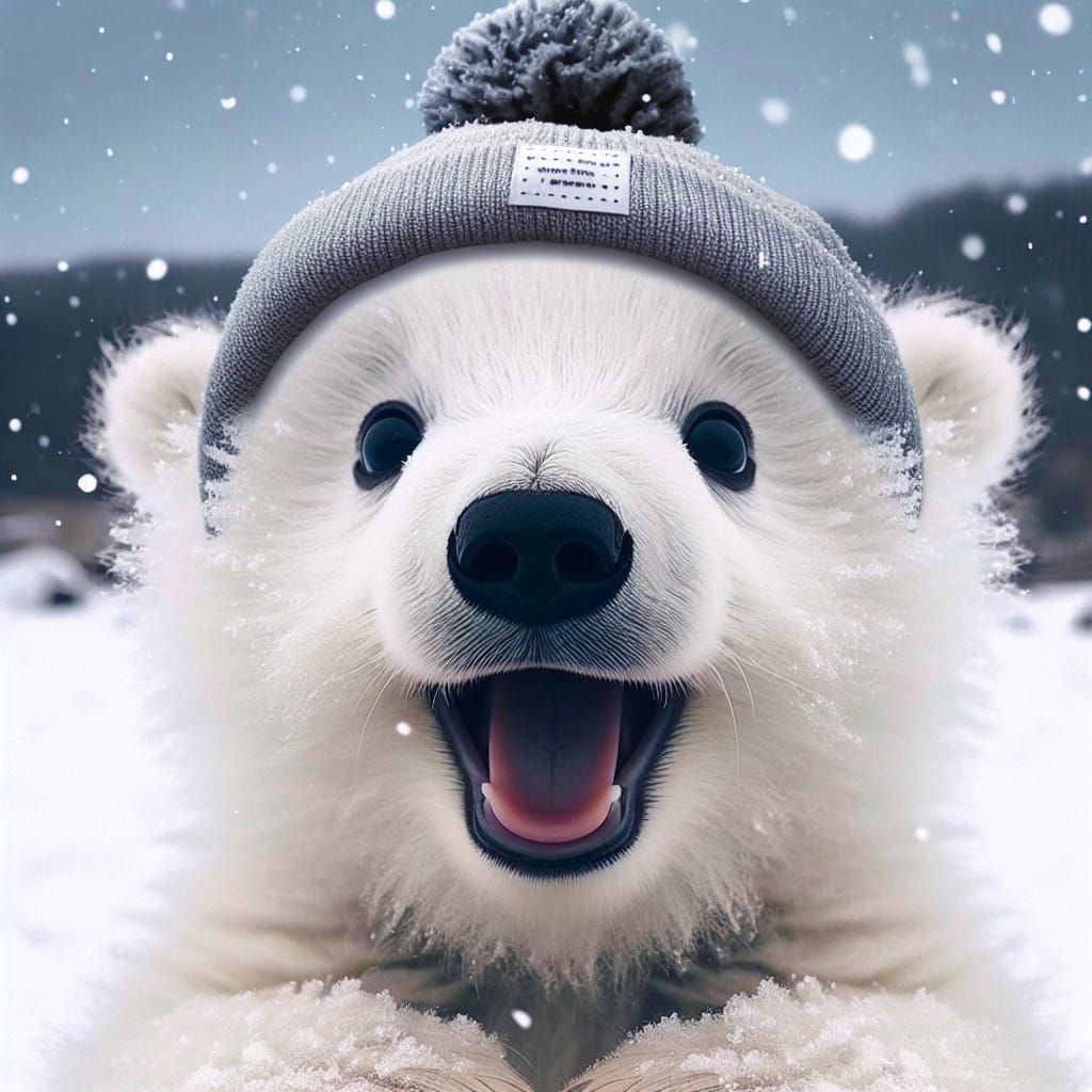Joyful Polar Bear Cub in Winter Snowfall