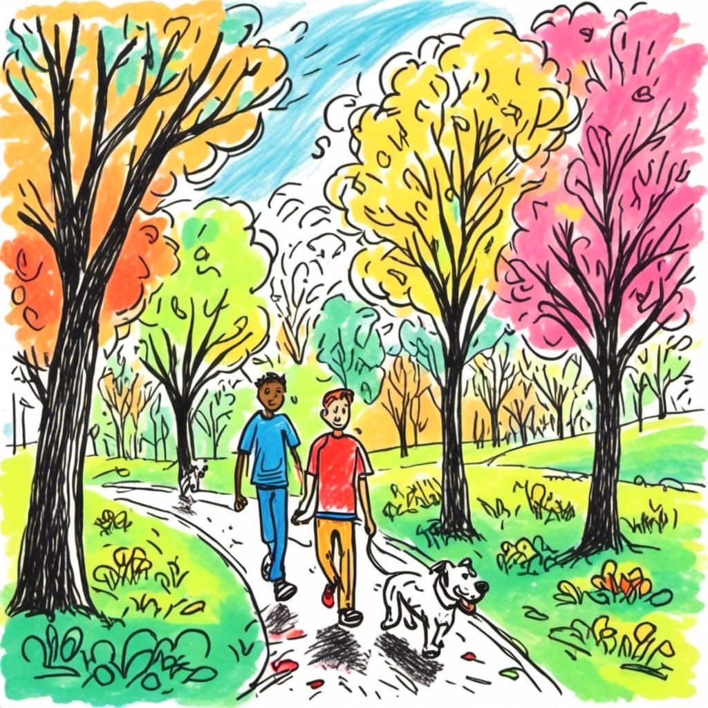 <lora:Childhood Crayon:1.0> A man walking his dog in the park