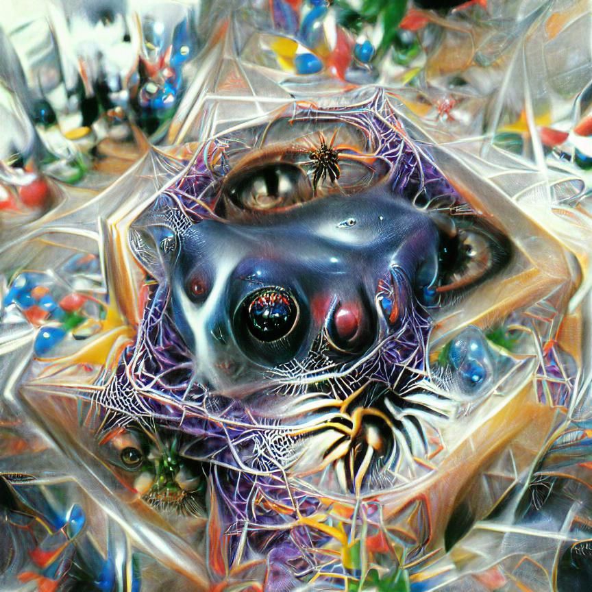 Galdrux is the spider-eye of the anticosm. He sits in his chaos web on the edge of the universe. Cosmic Horror psychedelic hyperrealism