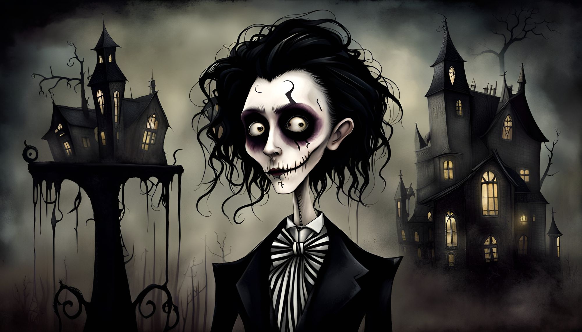 A brooding and mysterious character in the style of Tim Burton