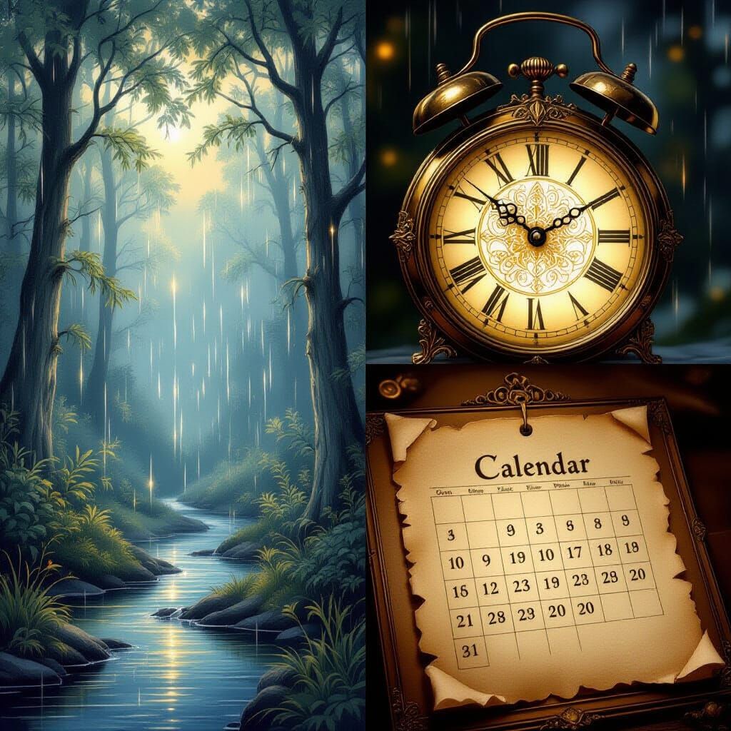 three pictures in a row: rain, clock, calendar