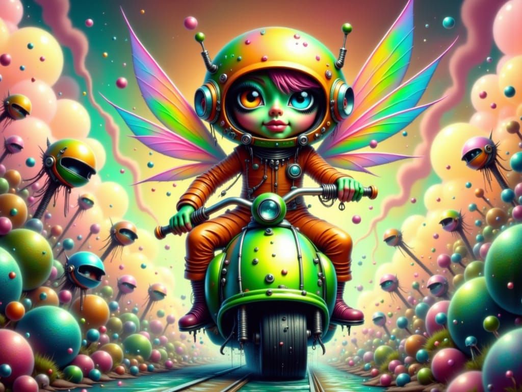 Crazy Frog wearing a colorful helmet and sunglasses, driving a sleek, neon-green car, surrounded by chaotic traffic, in a vibrant, energetic...