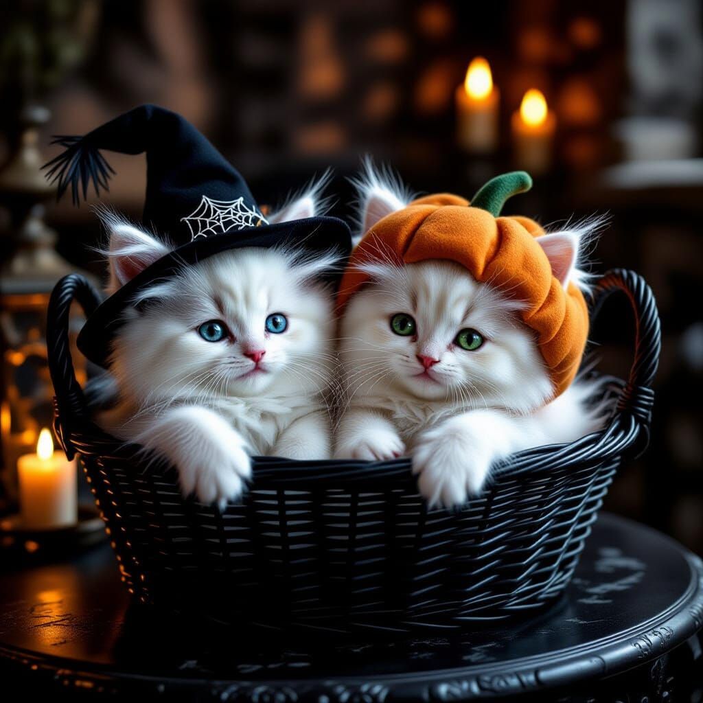 Много детализированное изображение в стиле гиперреализма. Два белых пушистых котёнка лежат вместе в чёрной плетёной корзинке. У одного котён...