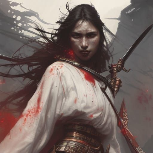 caucassian women. blood. samurai sword. angry. masterpiece, ...