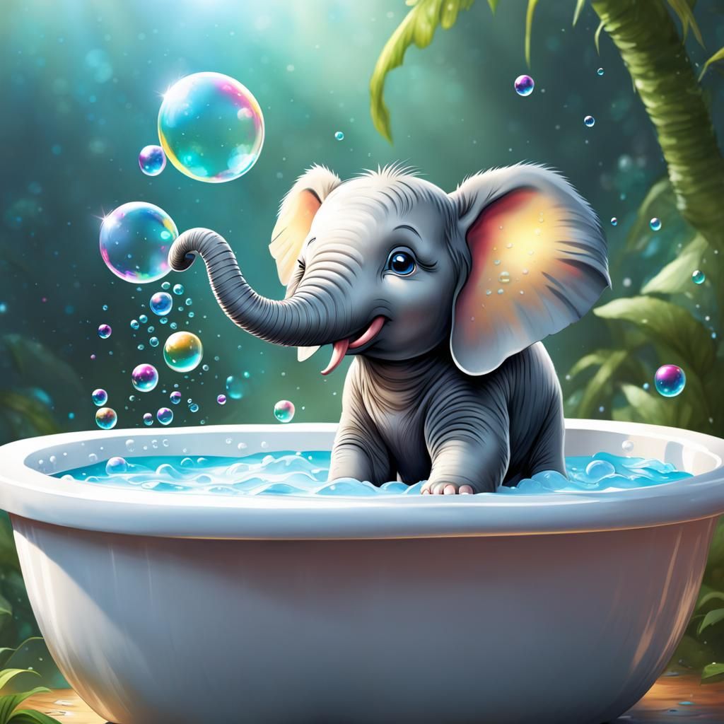 Adorable Elephant's Bubbly Watercolor Bath Time
