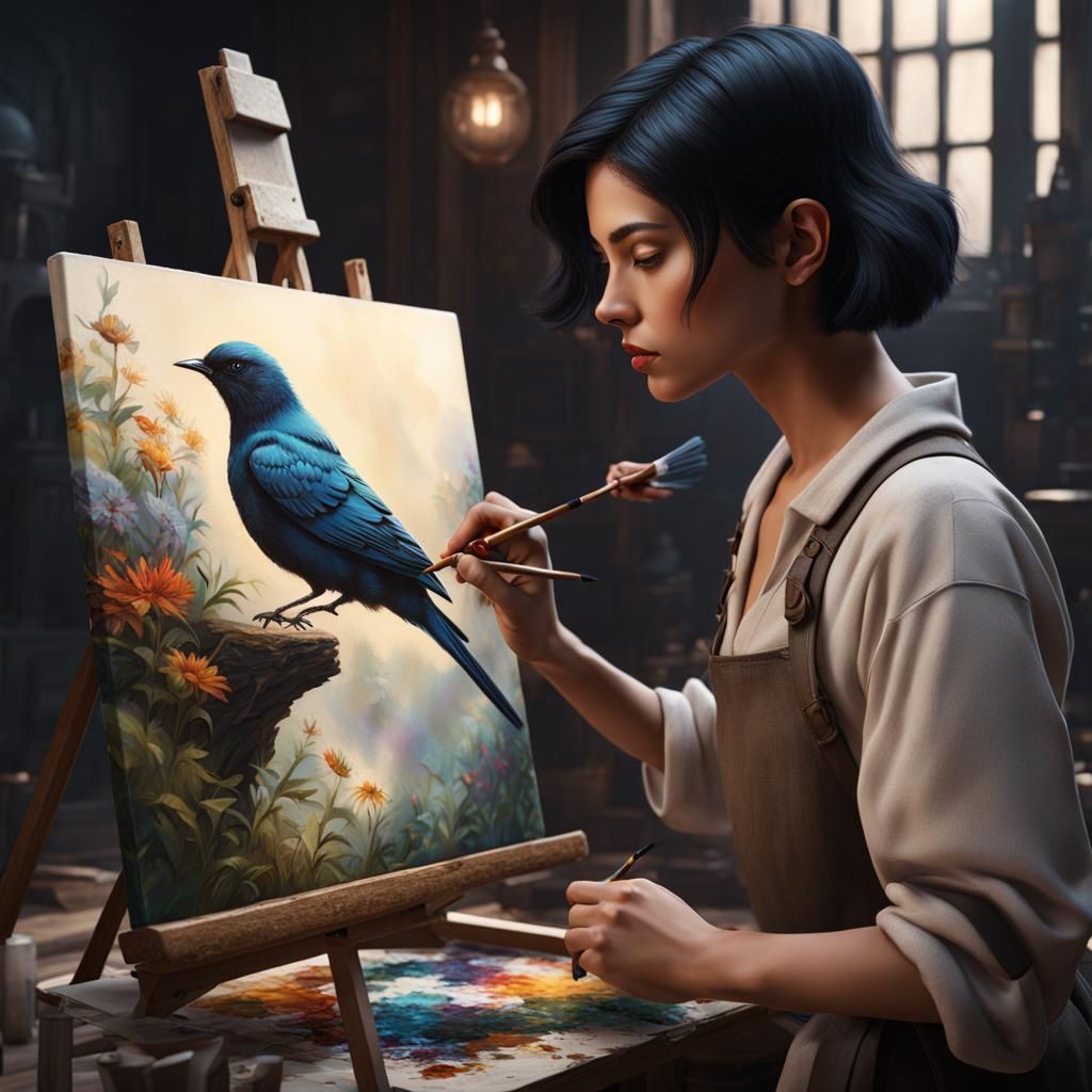 Moon painting a blue bird  by @Moon Rabbit