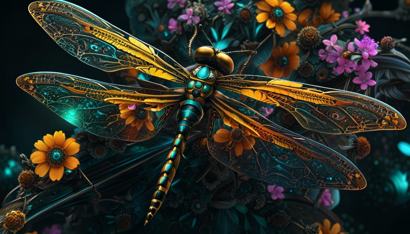 Exploded floral cyberpunk amber, black and teal dragonfly made of flowers; floral, incredible digital ...  by @Don1944