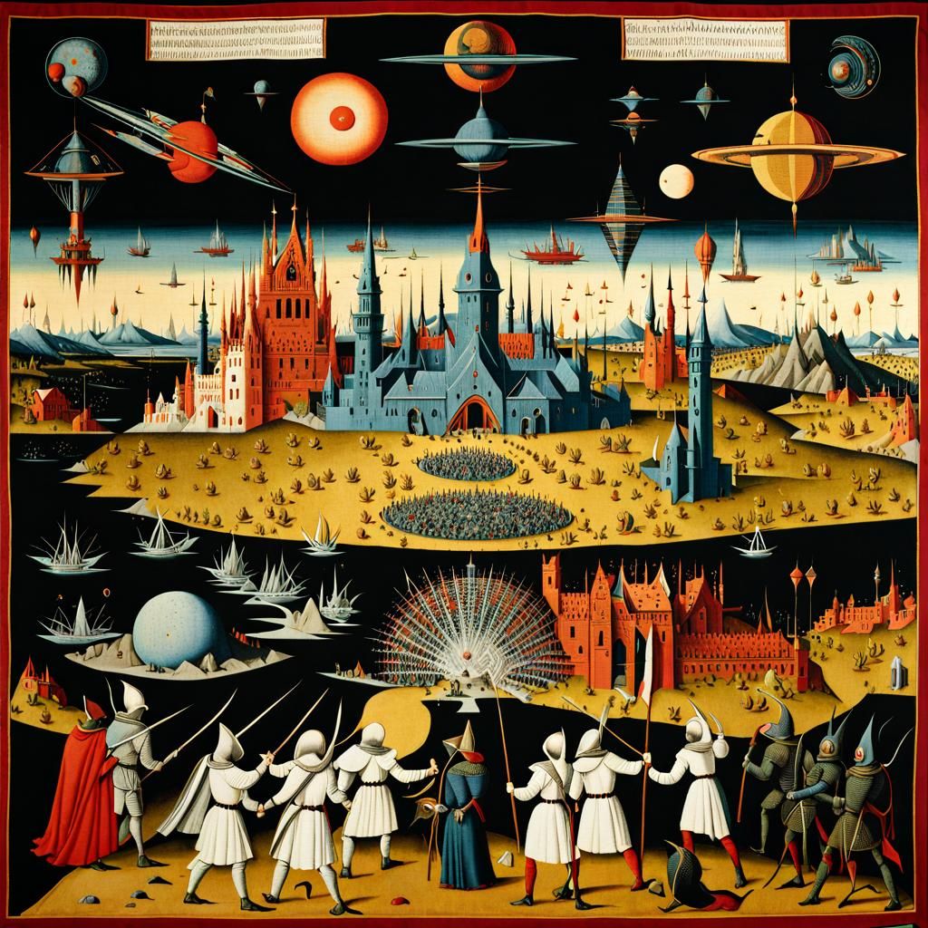 "Great battle of the Martian city", by Hieronymous Bosch, knights fighting aliens, sci fi, spacecore, ...  by @K