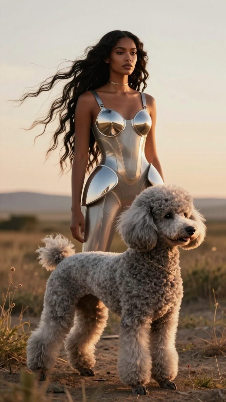 Futuristic Fashion Model in Surreal Golden Hour Scene