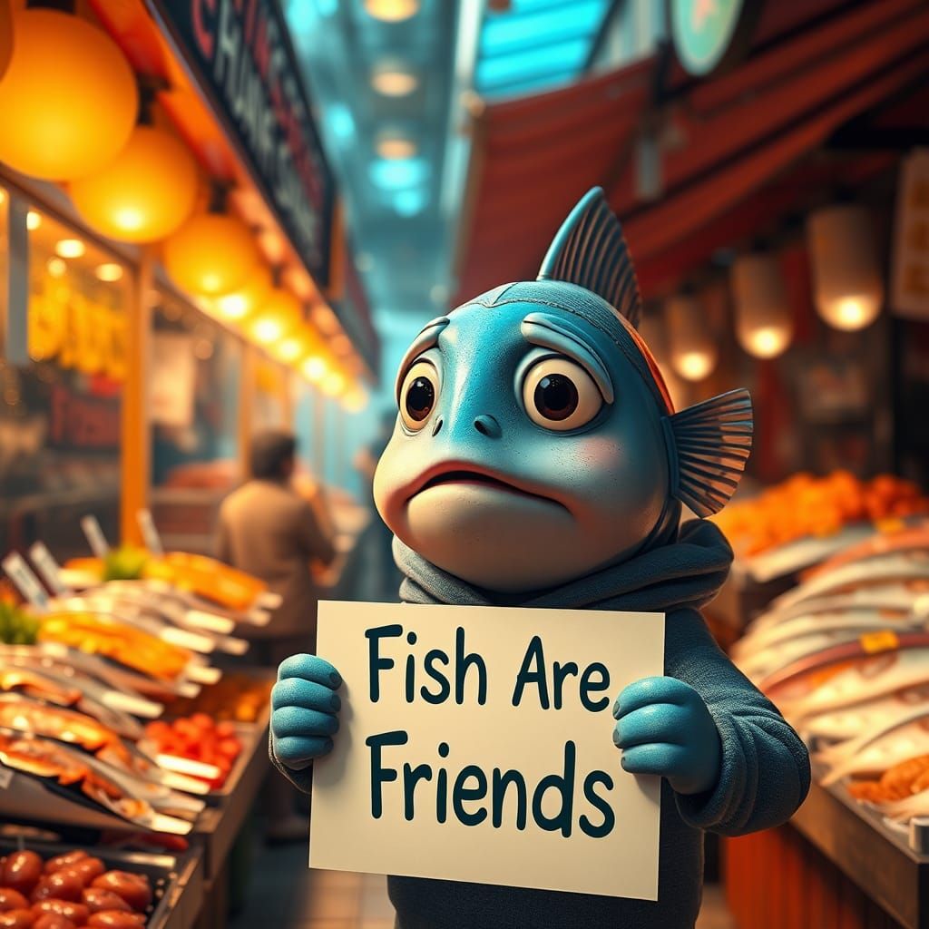 A concerned Charlie searches the fish market for his missing...