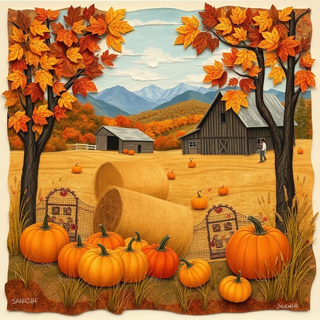 A rustic, pastoral paper collage of an autumn farm scene