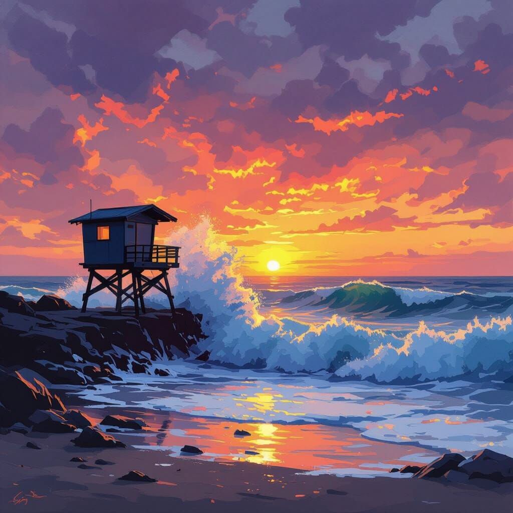 Turbulent Sea at Sunset with Lifeguard Hut