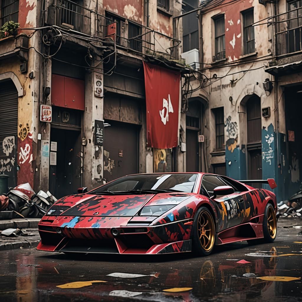 a Lamborghini Diablo with a trash polka paint job