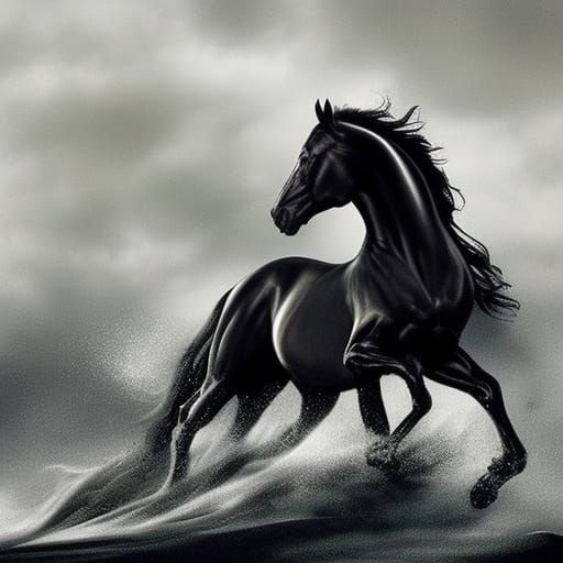 Black horse. Elegant, big, beautiful, majestic, running.