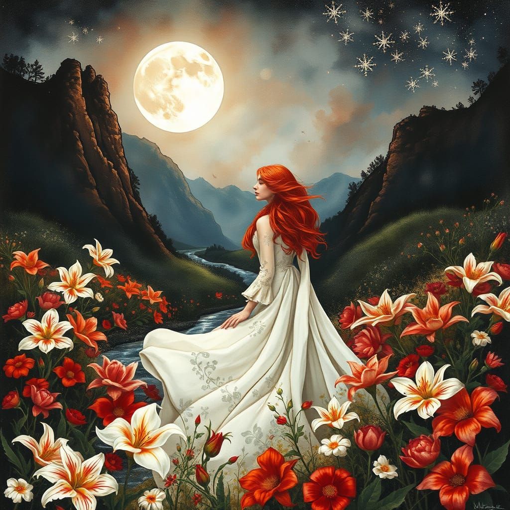 Envoûtant aquarelle et éclaboussures d'encre. Scène d'une femme rousse dans un paysage d'été luxuriant. ...  by @CB