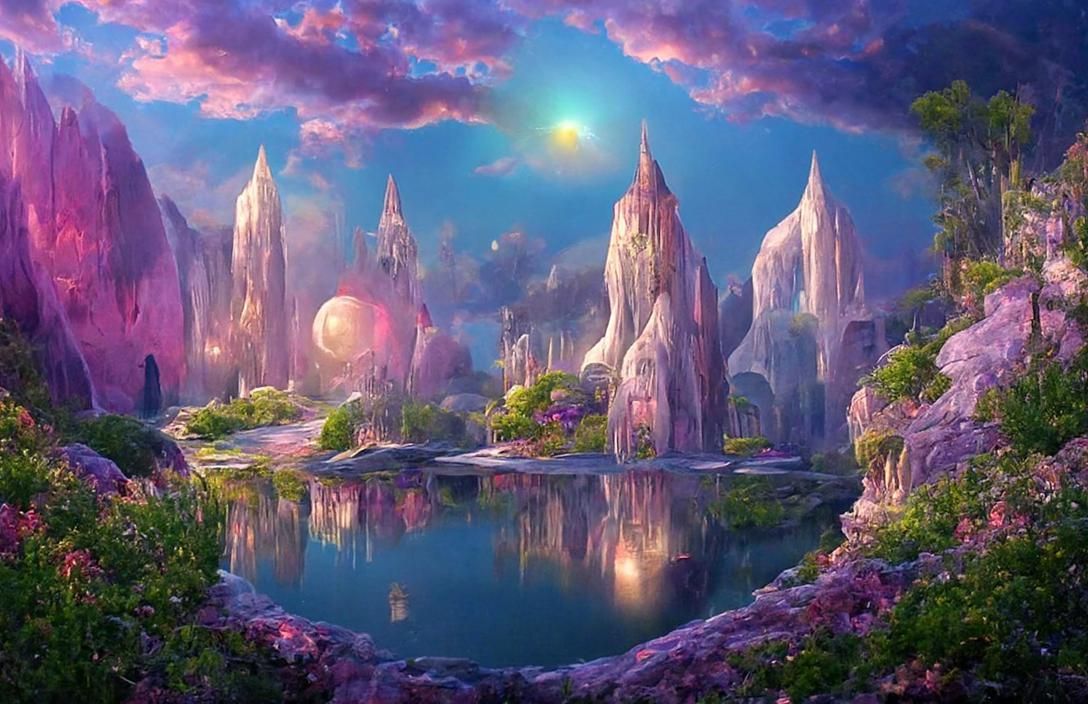 Iridescent Alien Castle in Cosmic Fantasy Landscape