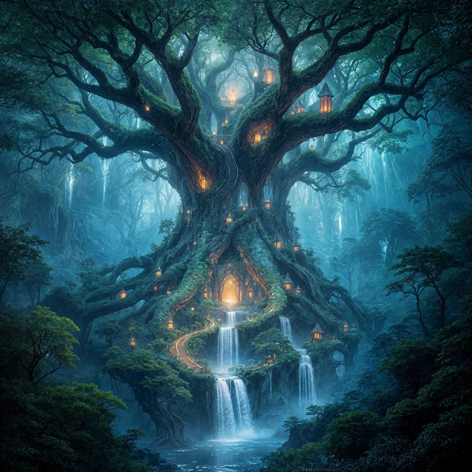 imagine a sprawling, bioluminescent forest nestled within the heart of a massive, ancient tree, its crystalline ...  by @Benny