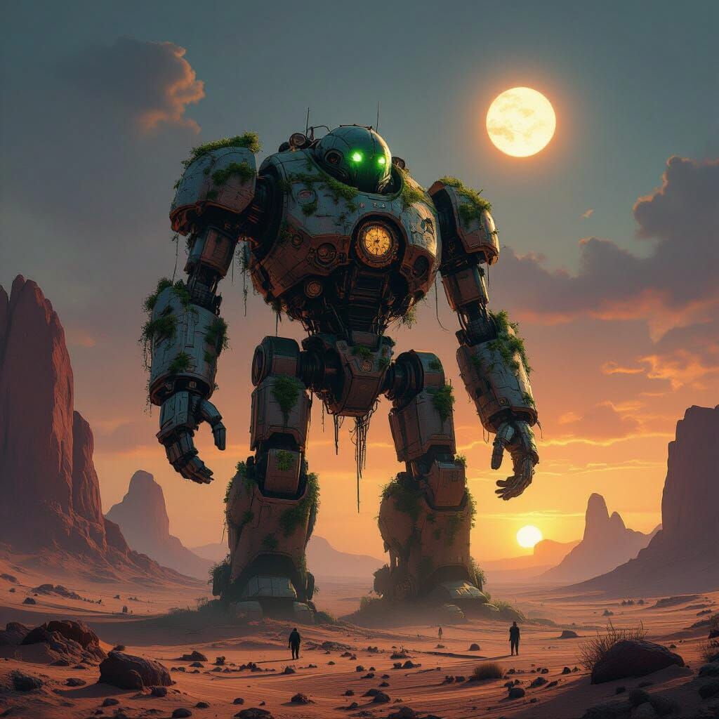 A colossal, ancient robot, overgrown with moss and vines, stands sentinel in a vast, alien desert under a binary sunset. Its metallic shell ...