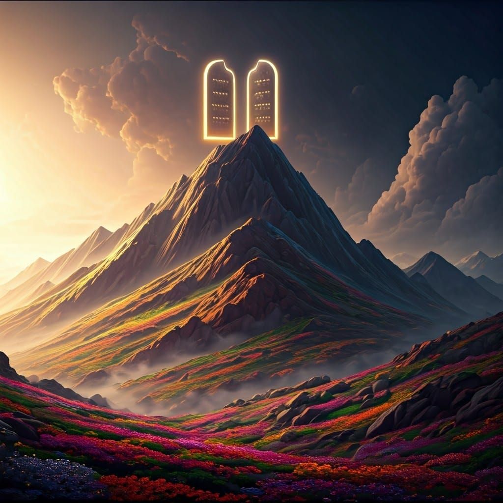 Majestic Sinai Mountain Scene with Vibrant Flowers and Table...