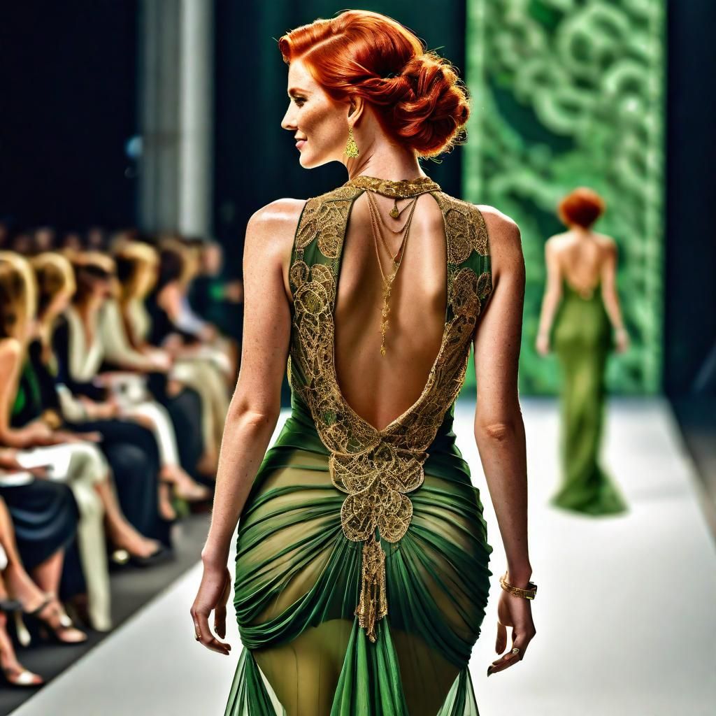 red haired supermodel on catwalk smile wearing daring plungi...