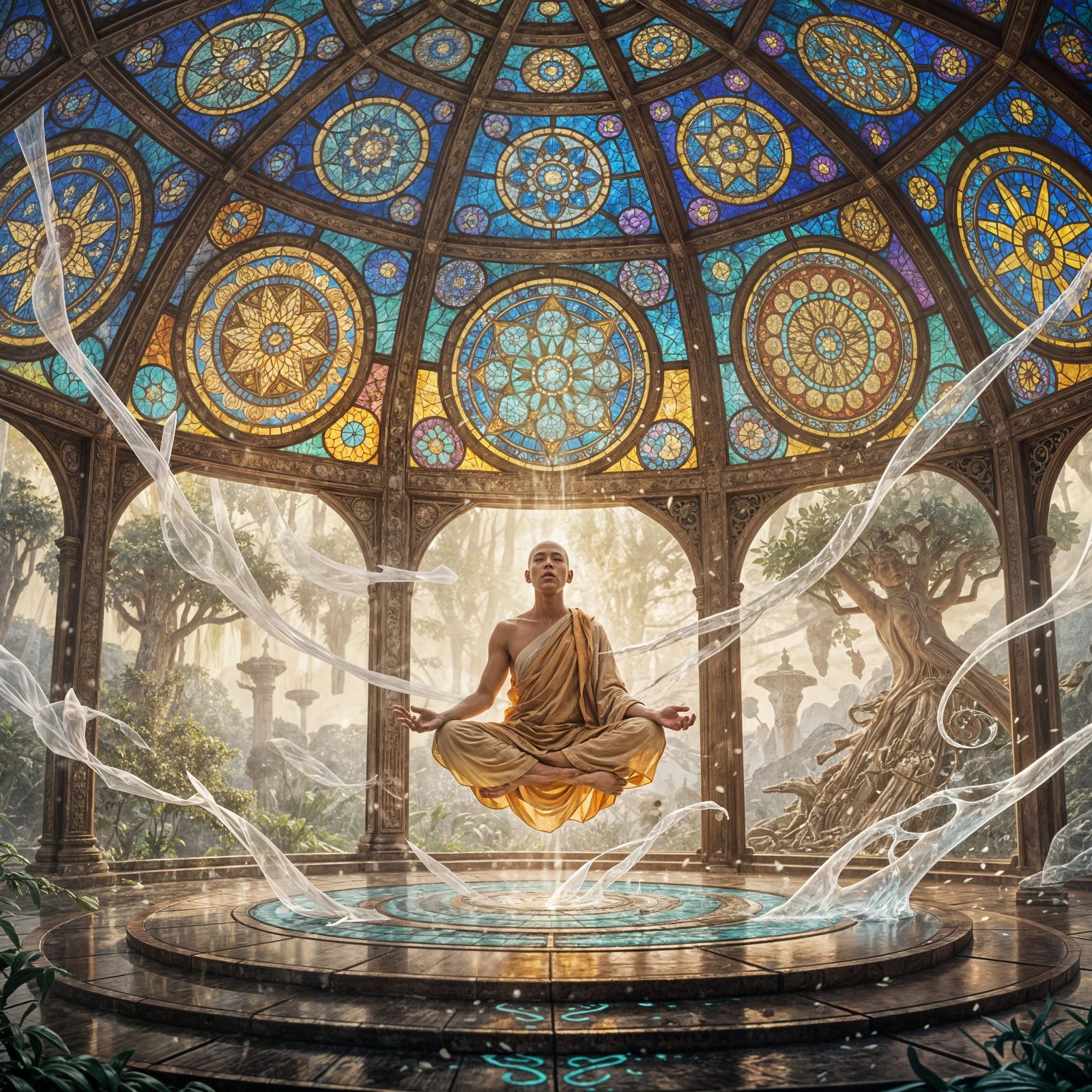 Monk levitates calmly inside a glass temple.
Warm sunlight filters through intricate stained glass.
Silence ...  by @KomBib