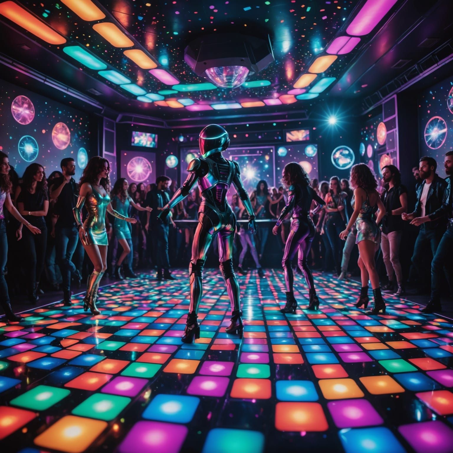 A glowing, multicolored sci-fi disco dance floor floating in space and packed with alien disco dancers ...  by @Tangled Serendipity
