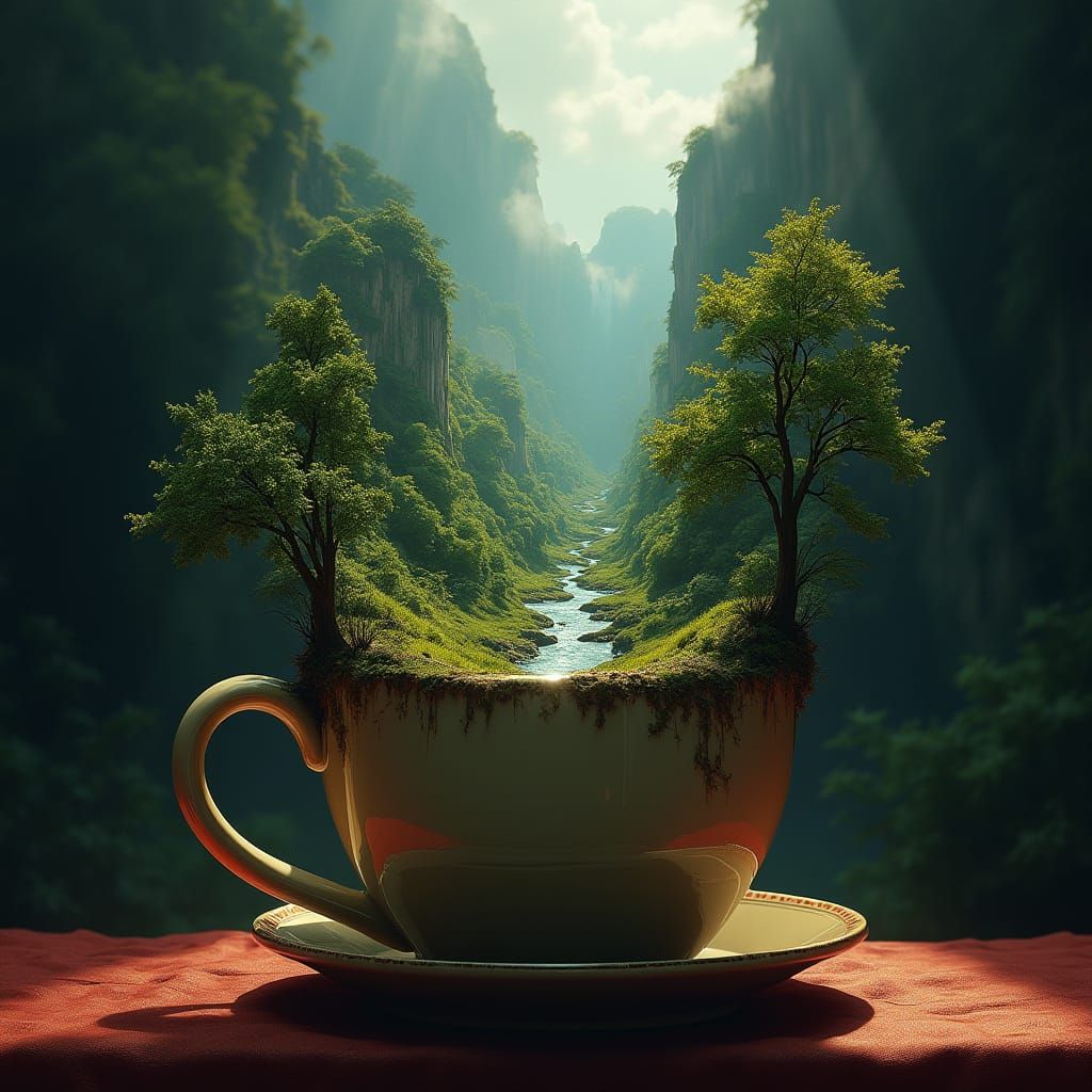 A surreal image of a beautiful valley with trees, a waterfall and a river nestled inside a coffee mug...or ...  by @undefined