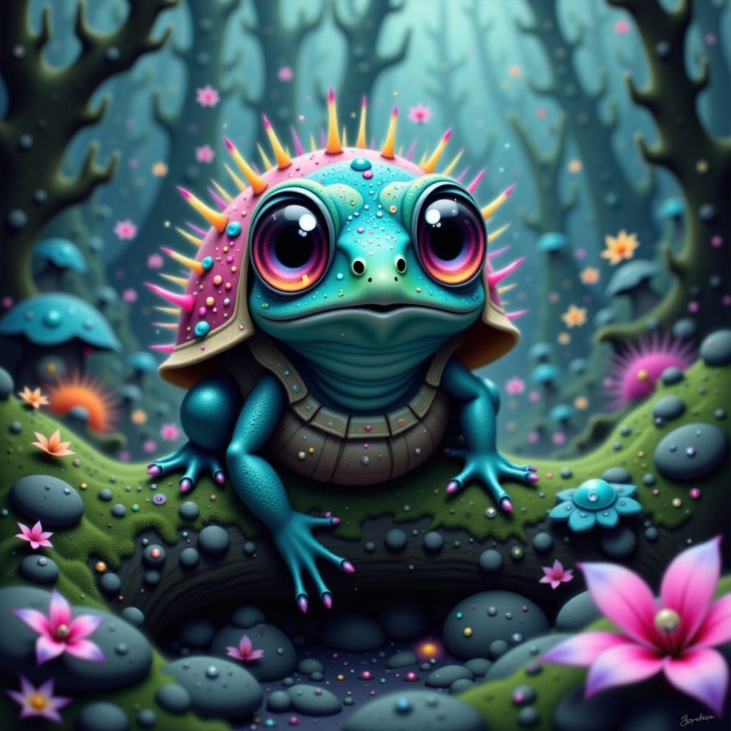 A cute baby frog-tortoise creature with big, expressive eyes sits on a mossy log in a bioluminescent forest, its shell adorned ...