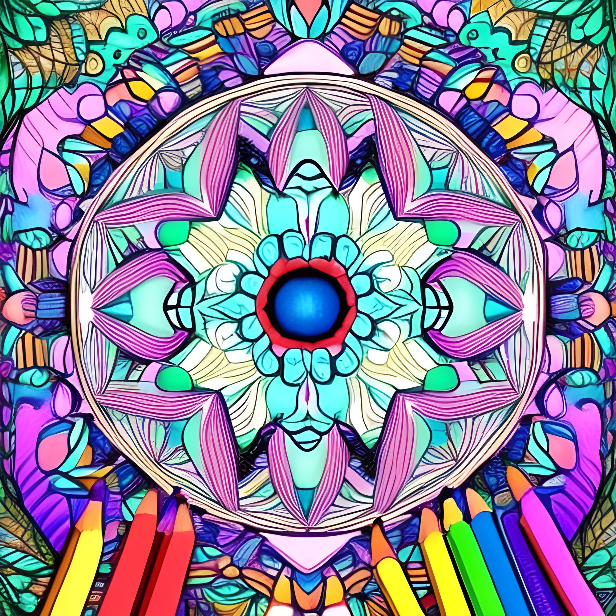 Mandala à colorier avec des crayons une partie coloriée en bleu et vert