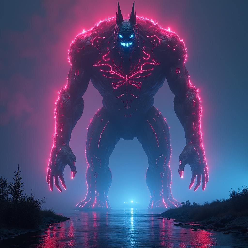 Synthwave Demon Emerges in Neon Cyberpunk Style
