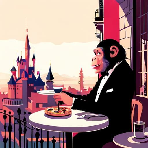 A chimpanzee making pizza. Chimpanzee waiter.