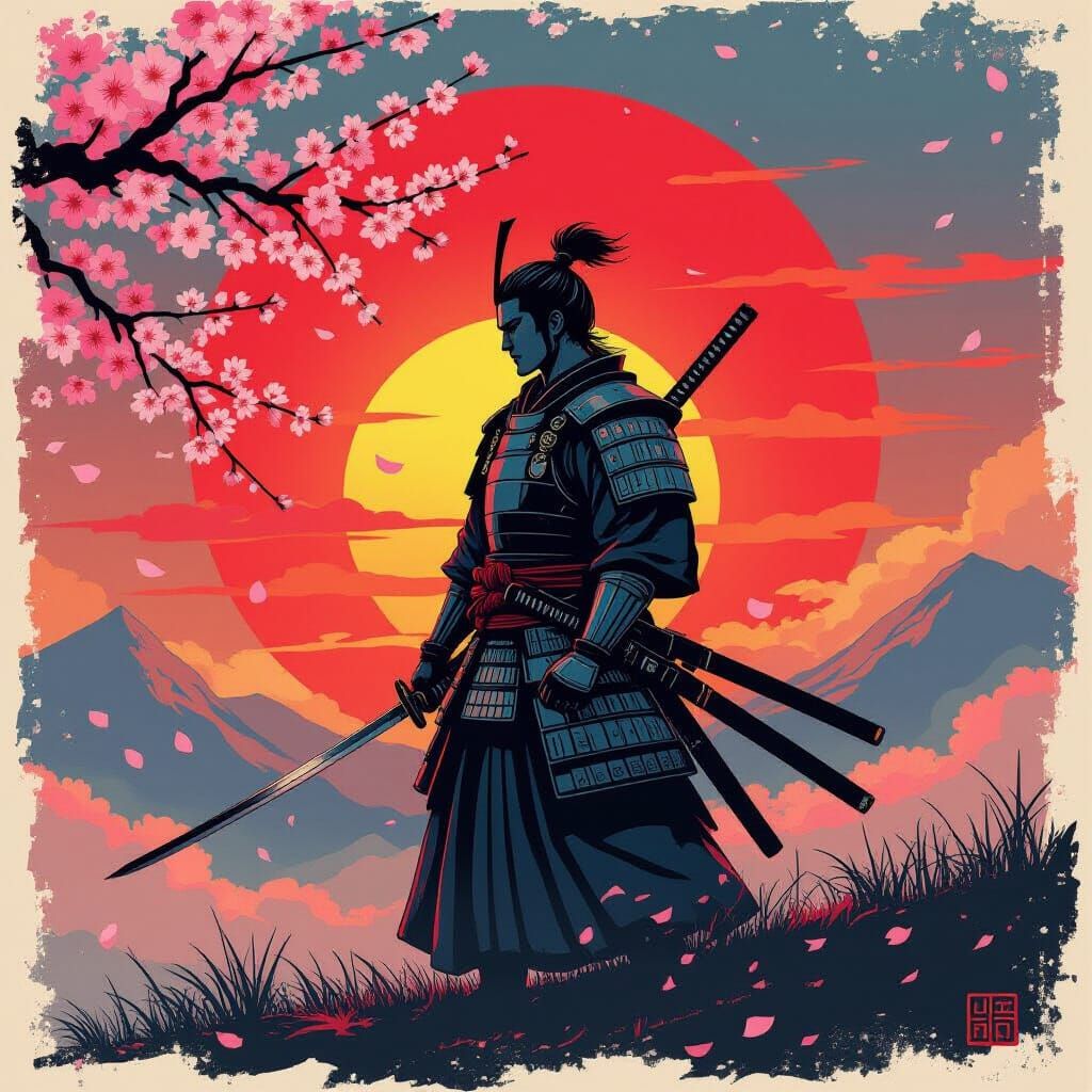 A lone samurai stands silhouetted against a crimson sunset, cherry blossoms swirl around him. He clutches ...  by @Jan Dunham