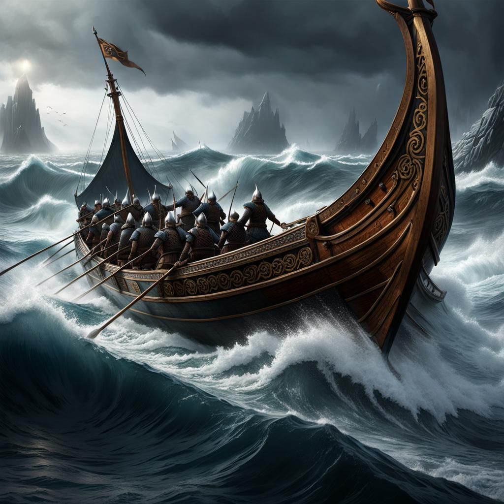 Viking long boats, full of warriors, battle the rough seas, 8k resolution concept art dynamic lighting hyperdetailed int...