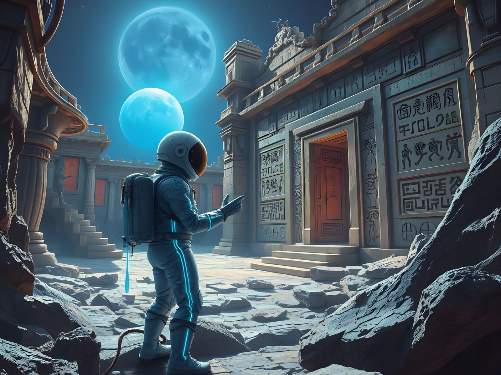 middle shot of an astronaut exploring the ruins of an ancient civilization on a fractal alien planet. ...  by @tsahel