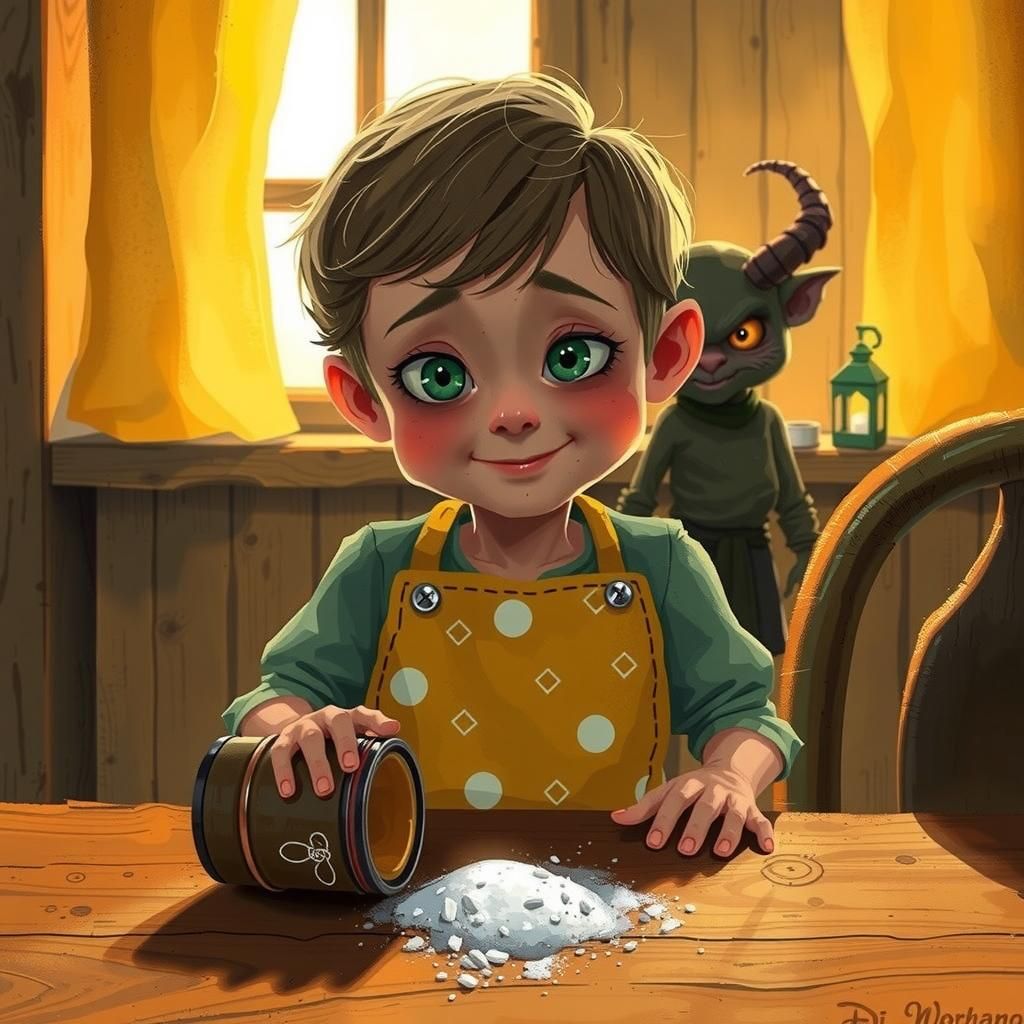  A child sat at a kitchen table has spilled the salt seller and is throwing salt over its left shoulder into the eyes of the Devil.