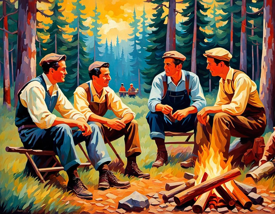 poster Vintage of a group of friends in a perfect camping se...