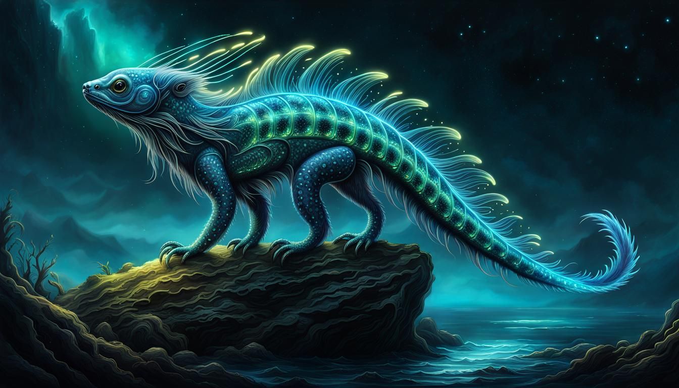 Neon Bioluminescent Creature with Glowing Tail
