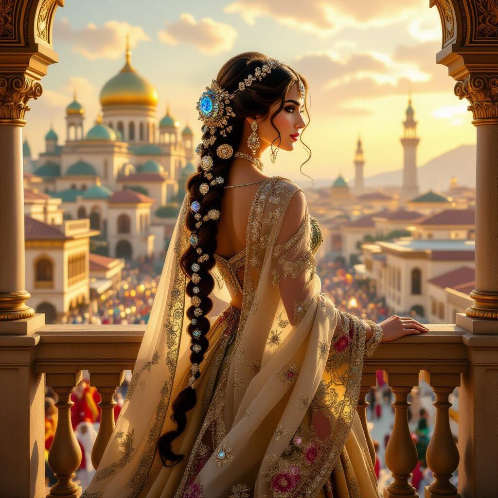 A majestic Persian princess with flowing, intricately braided hair adorned with celestial crystals, standing ...  by @Terrel