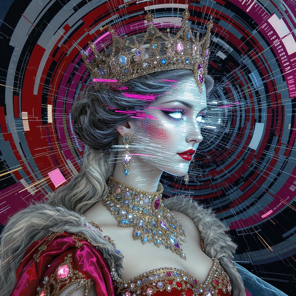 imagine a portrait of a regal queen, her face fractured into a mosaic of shimmering pixels, as if her ...  by @undefined