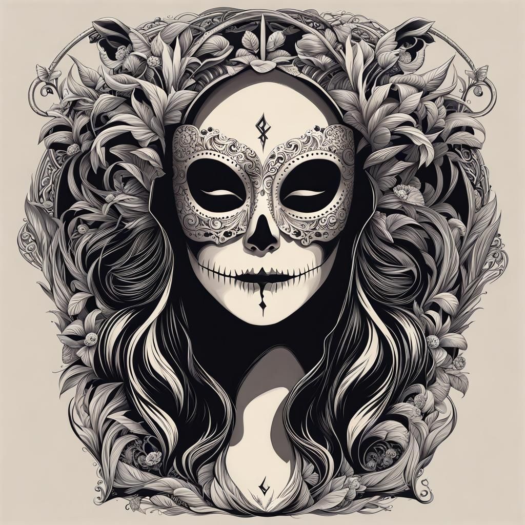 Girl with Death Mask (She Plays Alone) in the style of Steven DaLuz