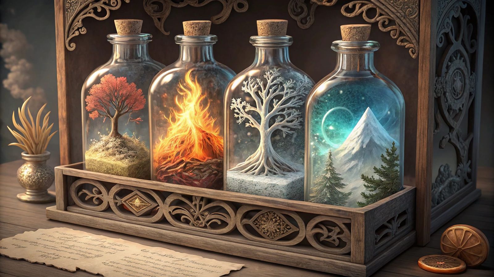 Ornate Glass Bottles Containing Elements in Victorian Cabine...