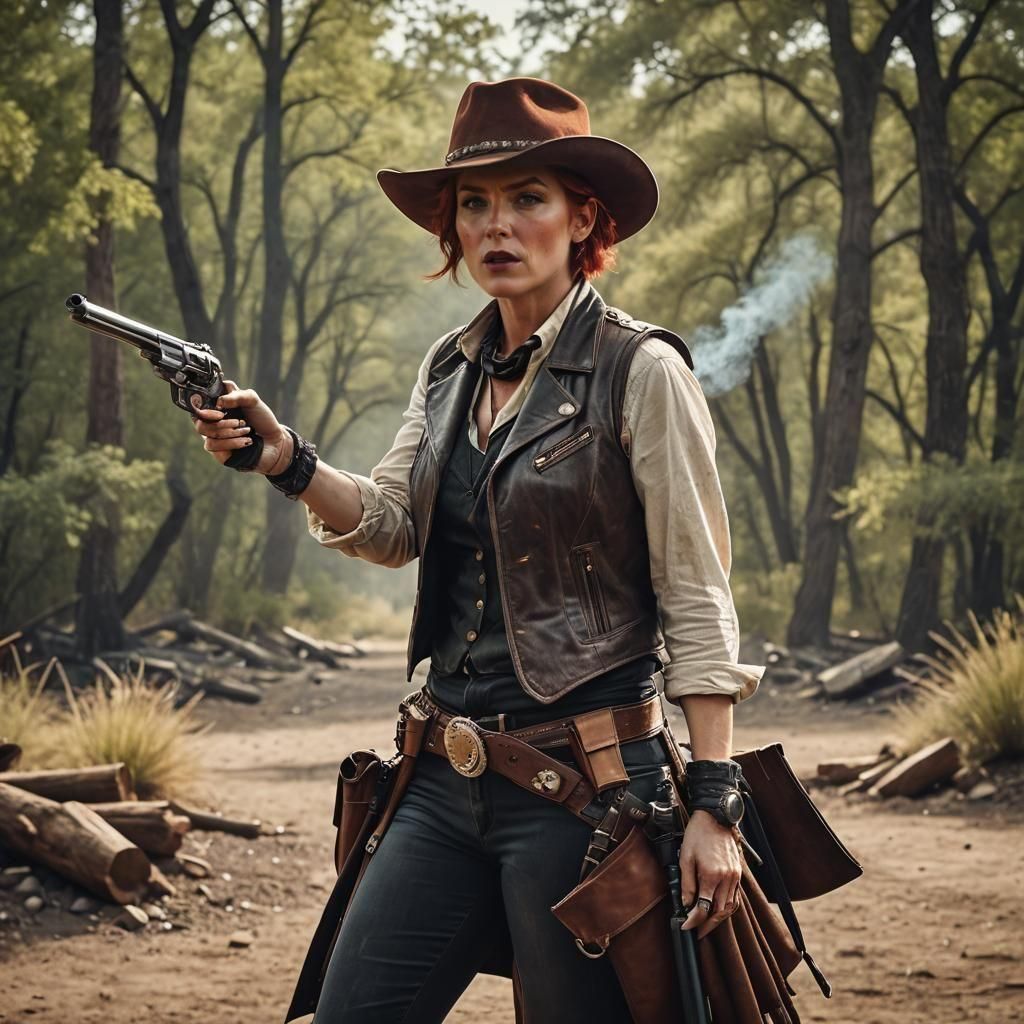 Female gunslinger, short red hair, leather cowboy hat and ve...