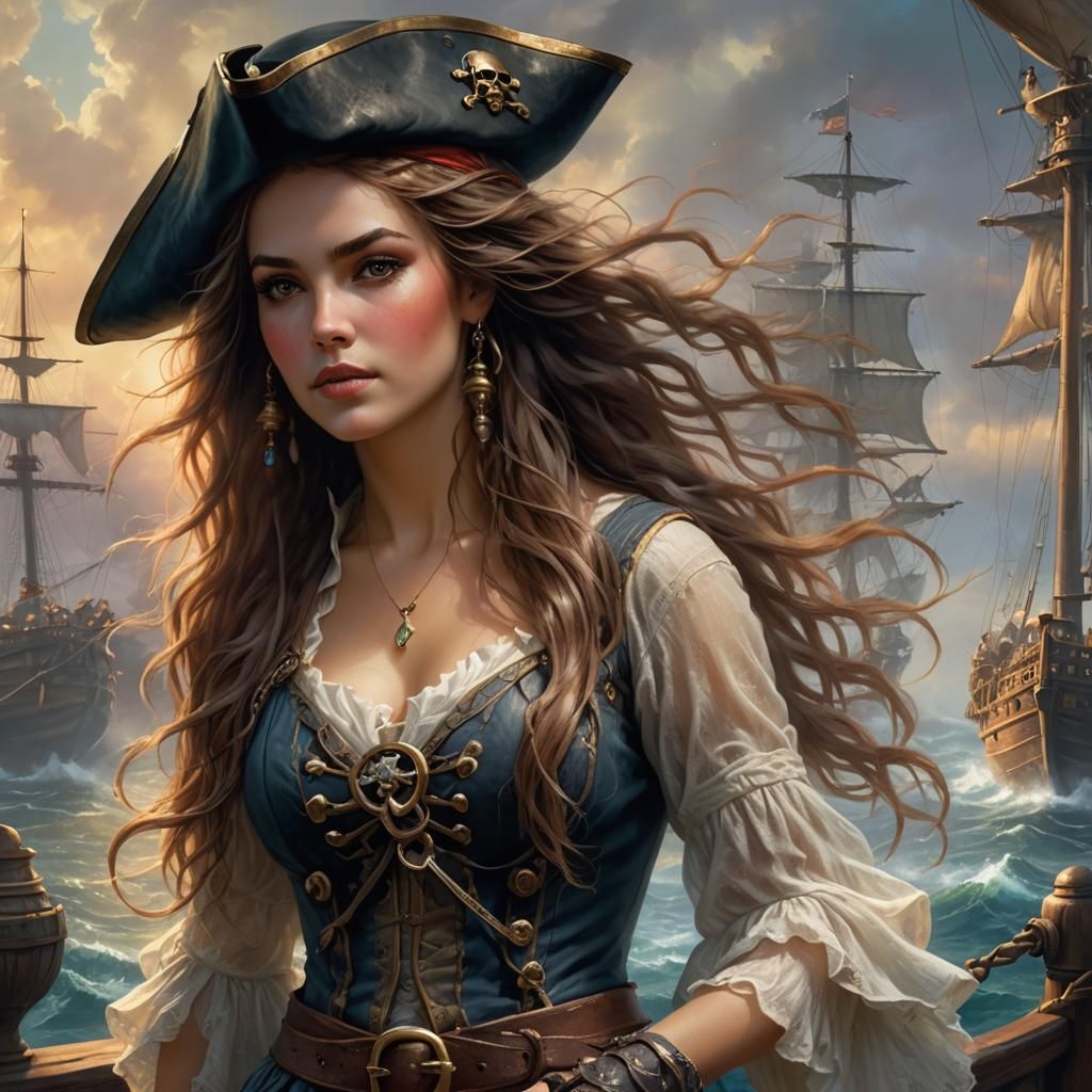 Beautiful pirate girl with long flowing hair, photo realistic, highly ...